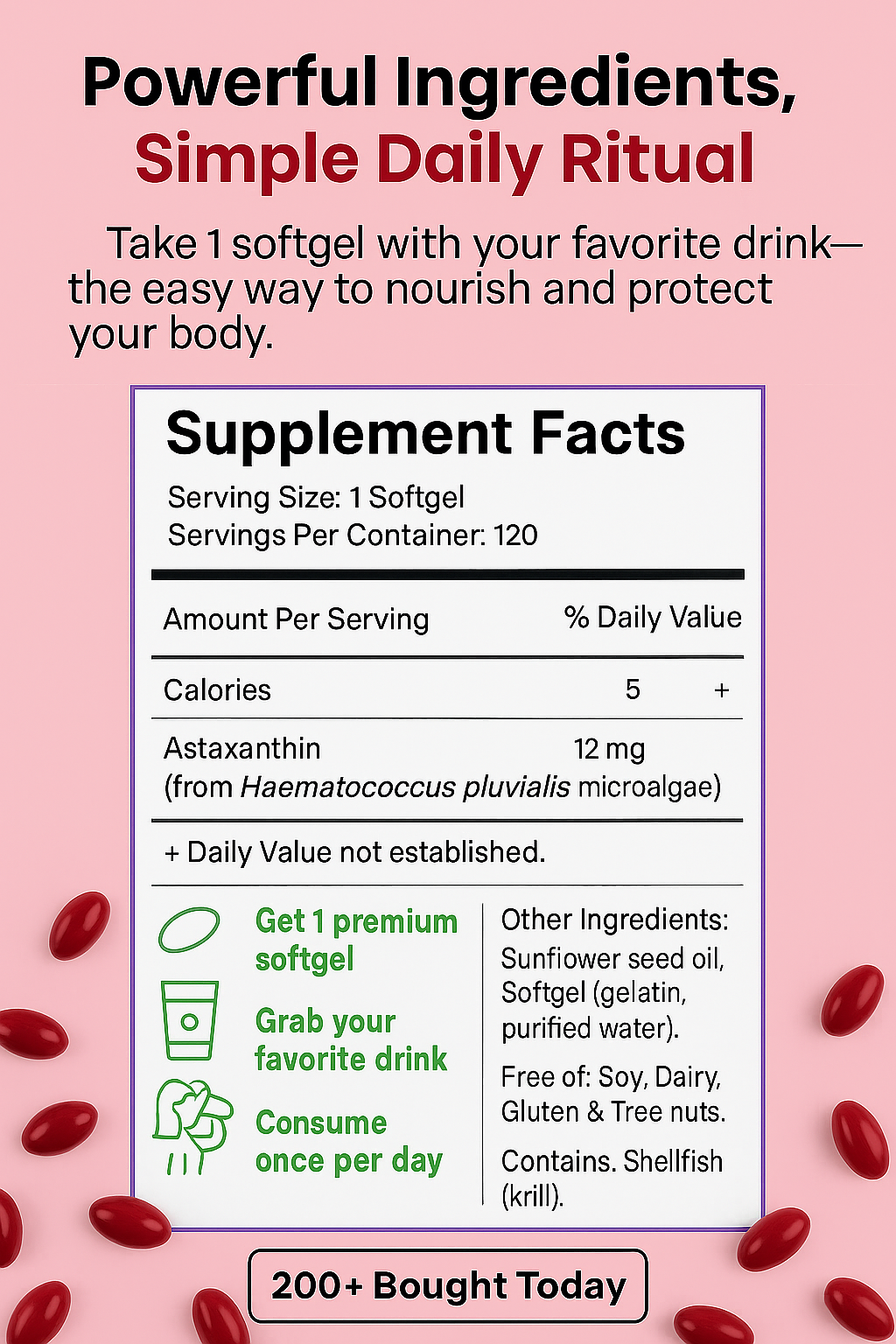 Supplement facts label with astaxanthin on a pink background with red softgels.