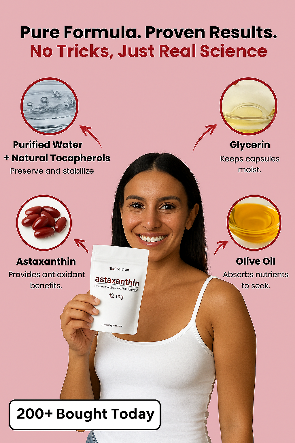 Woman holding a supplement container with product features on a pink background